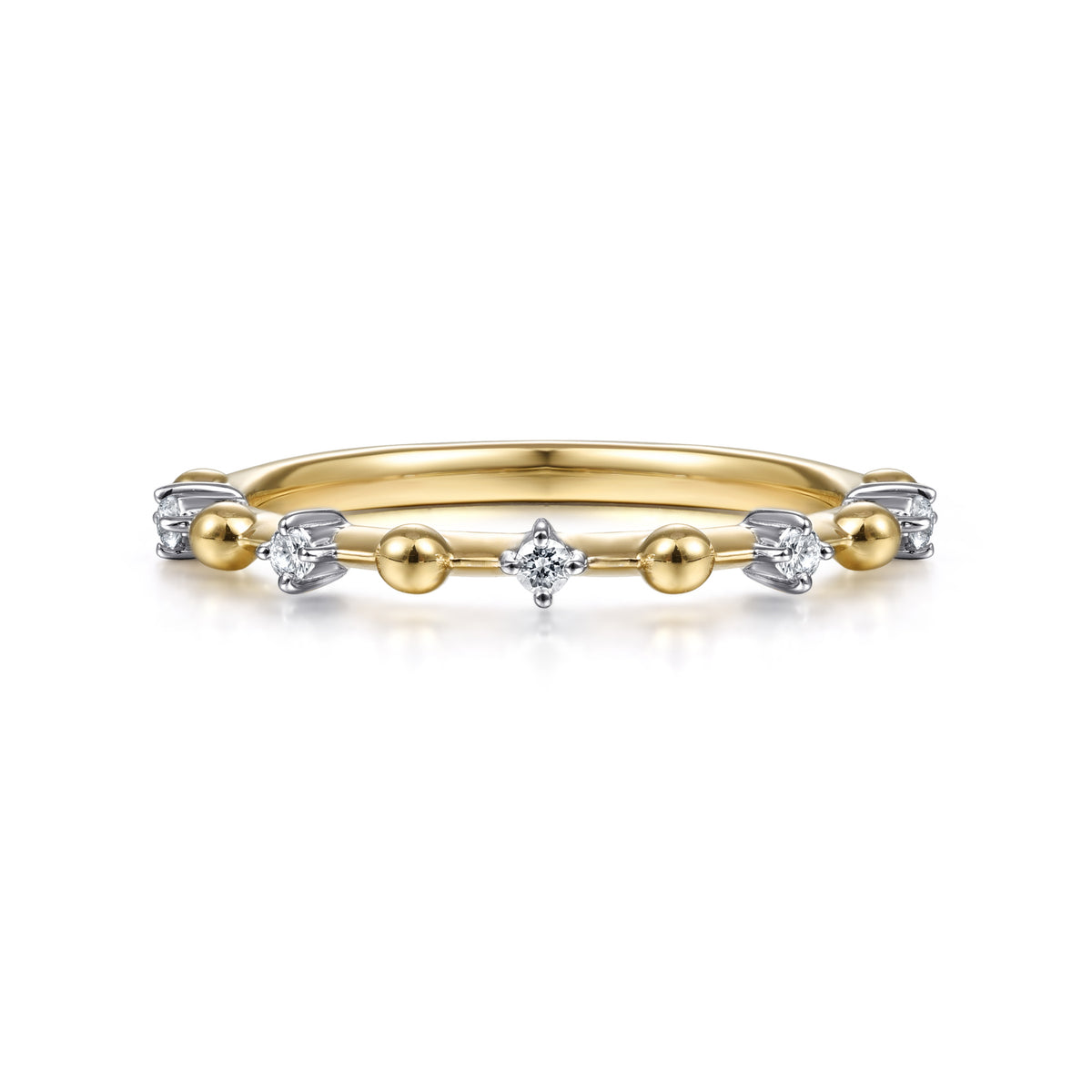 14K Yellow Gold Beaded and Diamond Station Alternating Ring - View 1