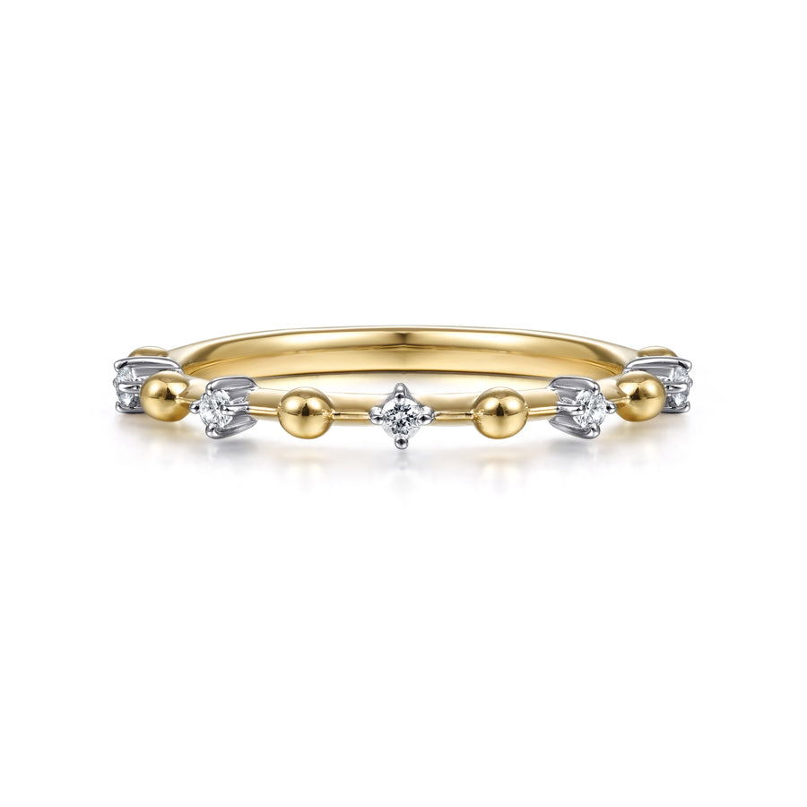 14K Yellow Gold Beaded and Diamond Station Alternating Ring