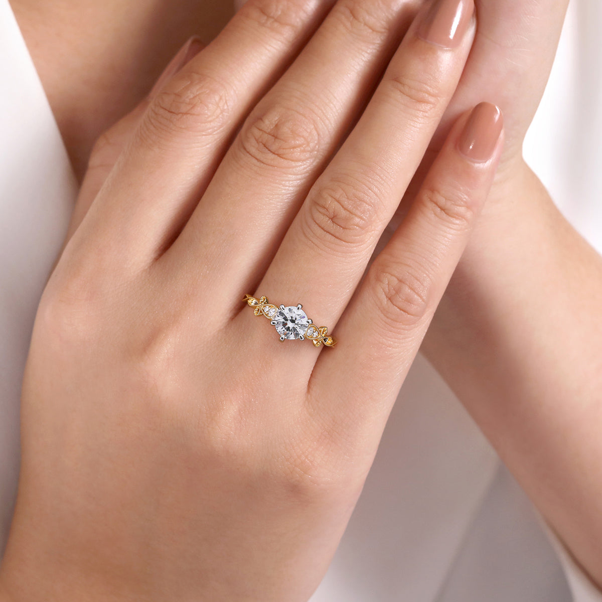 14K White-Yellow Gold Floral Round Diamond Engagement Ring - View 6