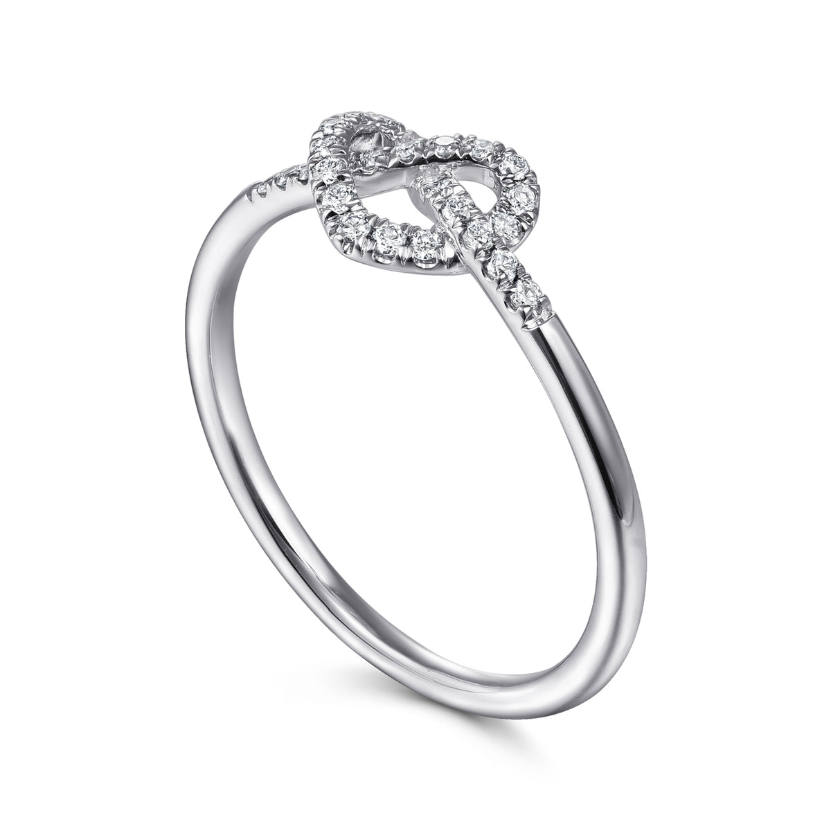14K White Gold Diamond Pretzel Love Knot Heart Ring - View 3