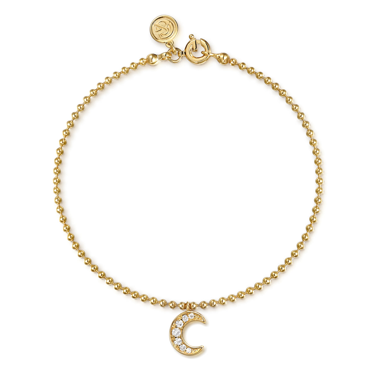 14K Yellow Gold Beaded and White Sapphire Moon Charm Bracelet - View 1
