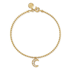 14K Yellow Gold Beaded and White Sapphire Moon Charm Bracelet thumbnail 1