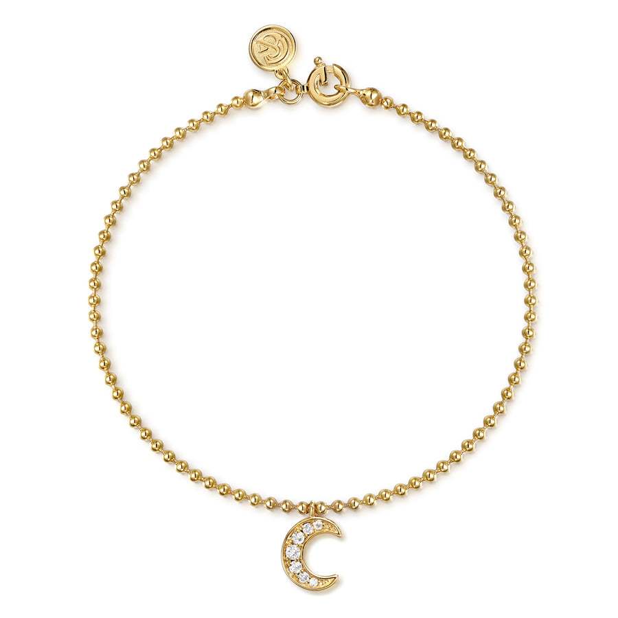 14K Yellow Gold Beaded and White Sapphire Moon Charm Bracelet