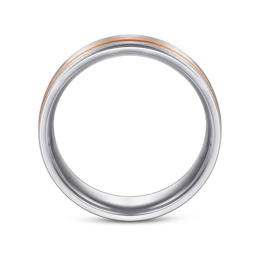 14K White-Rose Gold 7mm Three Row Satin Finish Men's Wedding Band in Two Tone
