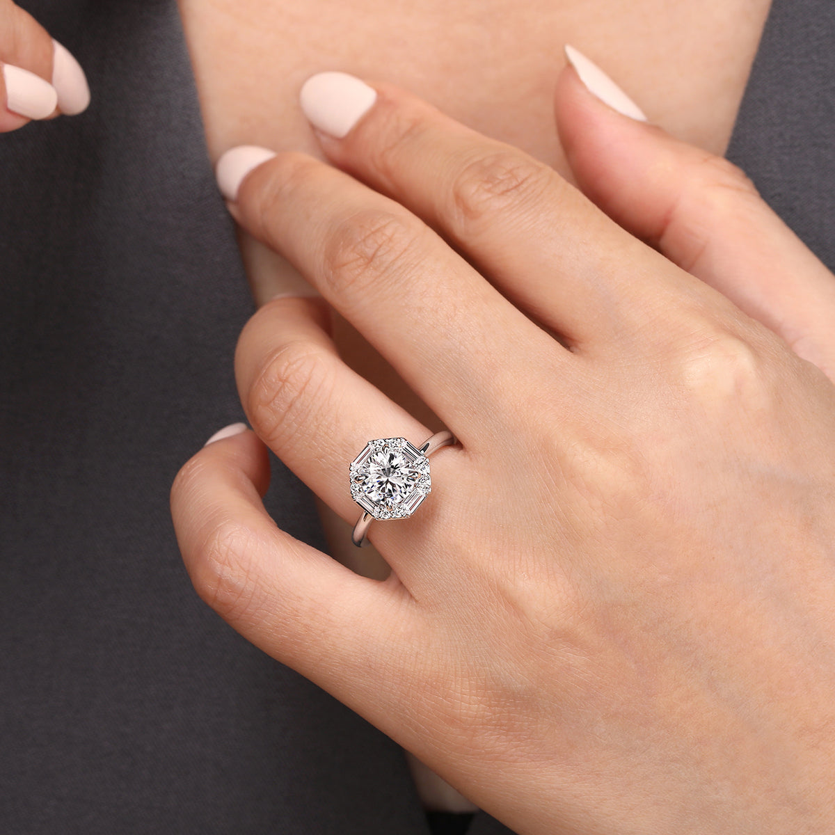 Octagonal Hidden Halo Diamond Engagement Ring - View 6