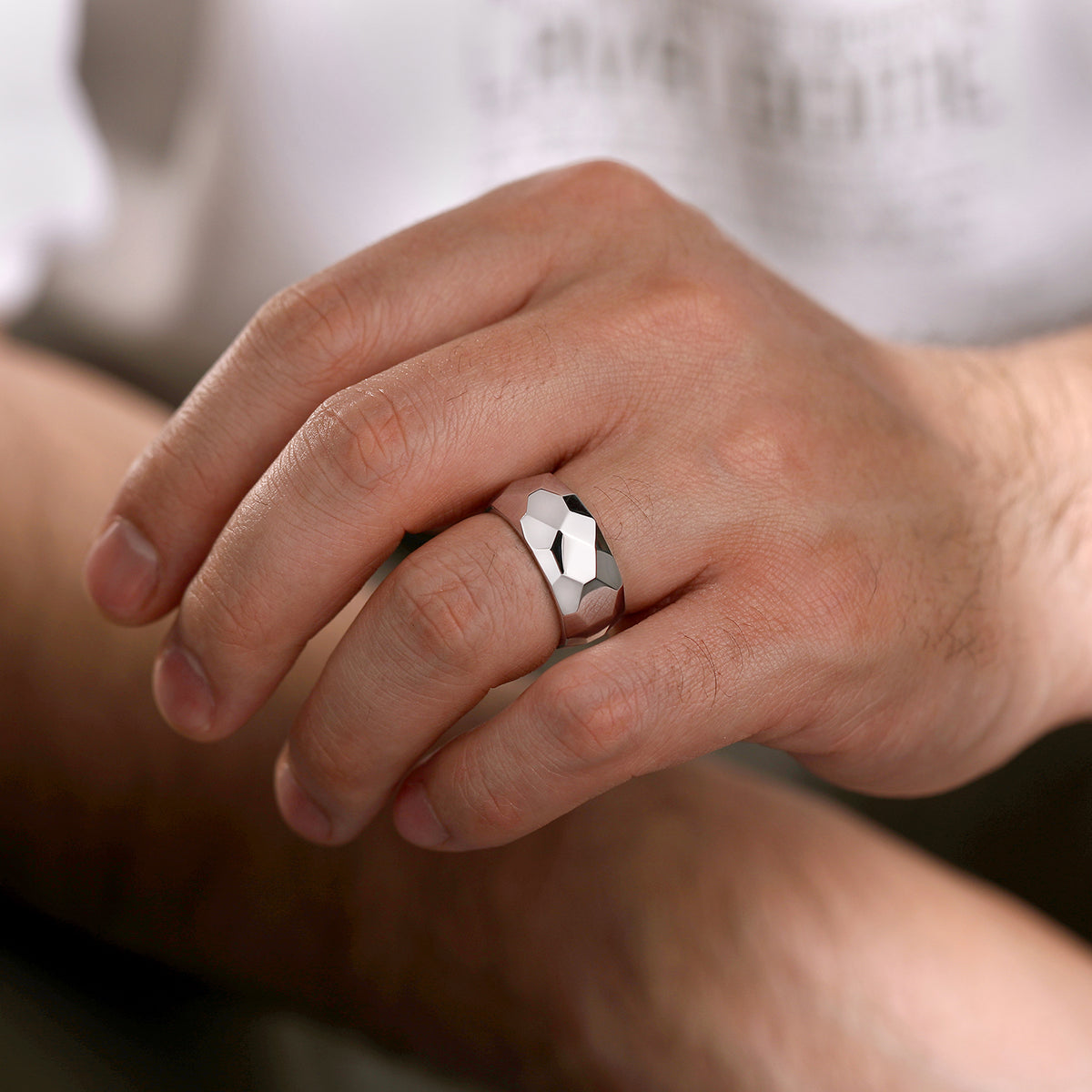 Wide 925 Sterling Silver Faceted Band in High Polished Finish - View 5