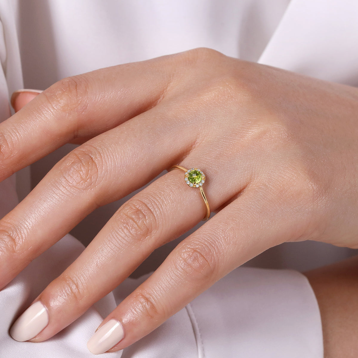 14K Yellow Gold Peridot and Diamond Halo Promise Ring - View 5