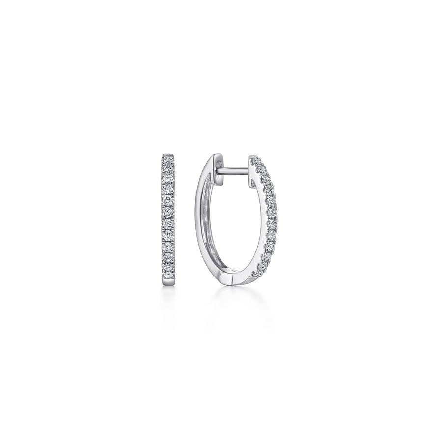 14K White Gold Diamond Huggie Earrings, 15mm