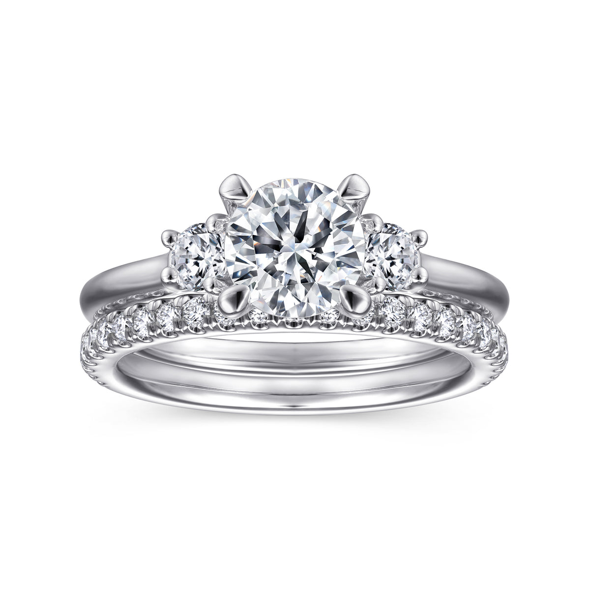 Classic 14K Gold Round Three Stone Diamond Engagement Ring - View 4