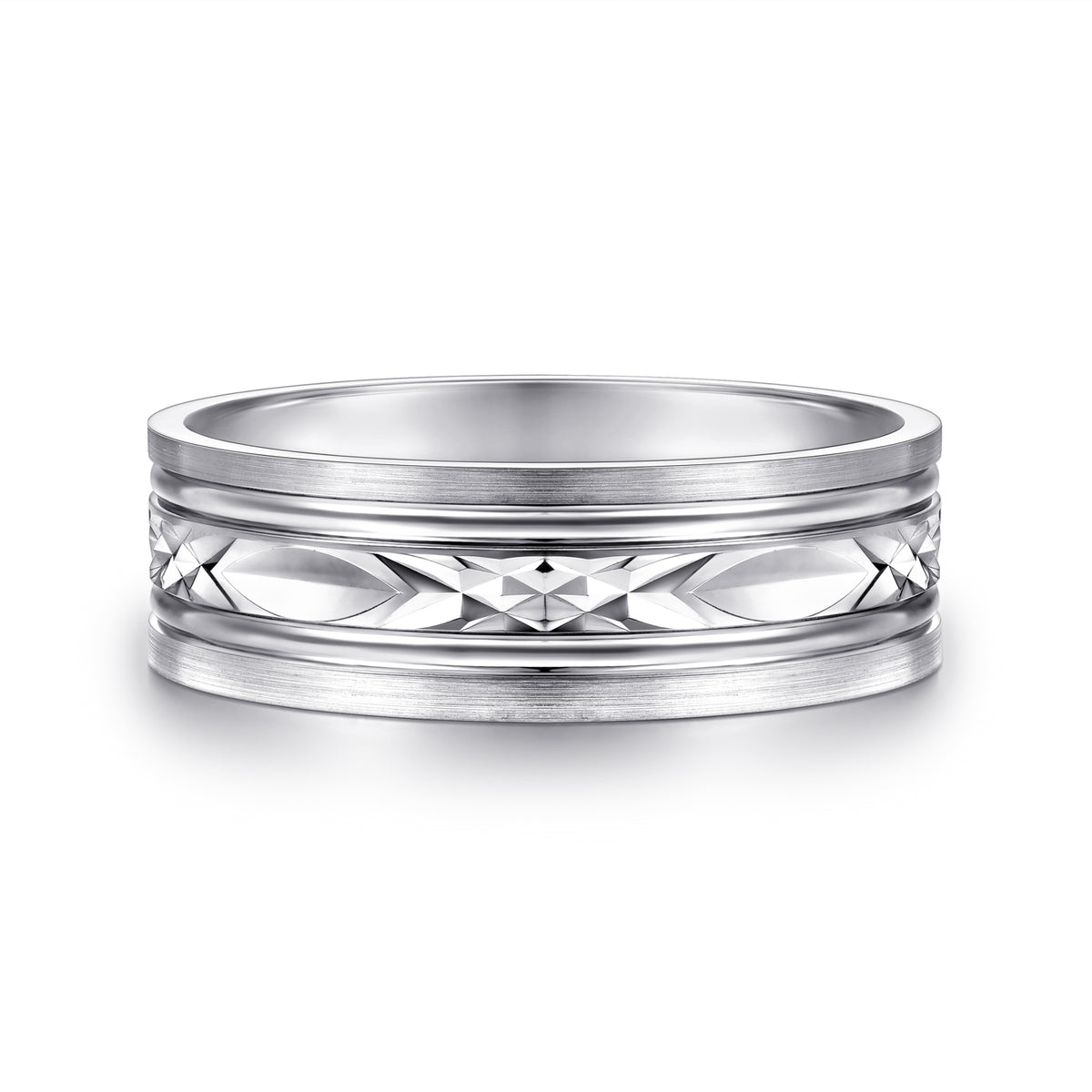14K White Gold 7mm Diamond Cut Center Men's Wedding Band in Satin Finish - View 1