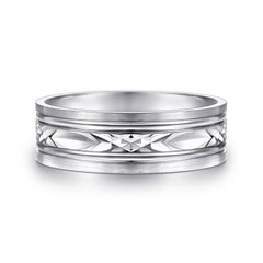 14K White Gold 7mm Diamond Cut Center Men's Wedding Band in Satin Finish thumbnail 1