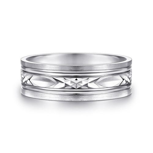 Alliance pour homme en or blanc 14 carats, largeur 7 mm, avec motif diamant central et finition satinée