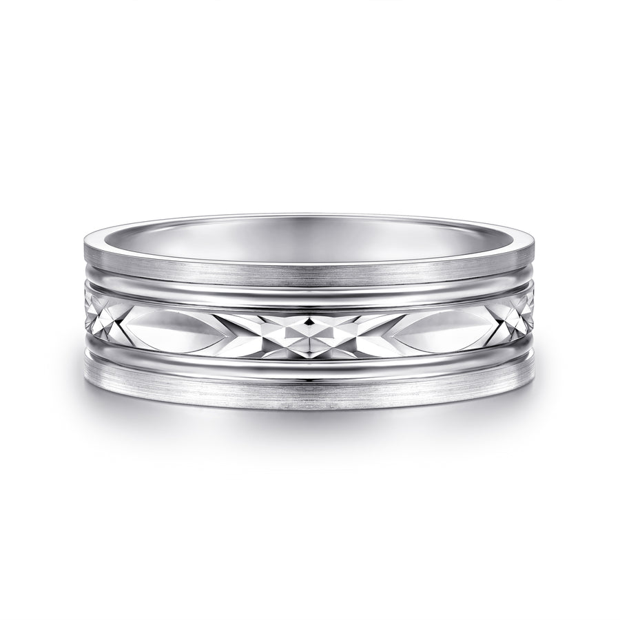14K White Gold 7mm Diamond Cut Center Men's Wedding Band in Satin Finish