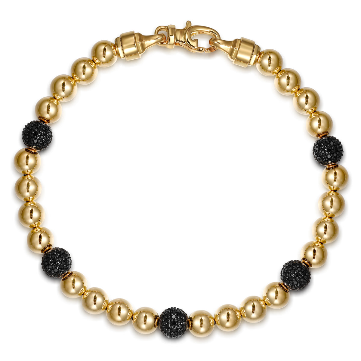 14K Yellow Gold Black Diamond and 6mm Yellow Gold Beaded Mens Bracelet - View 1
