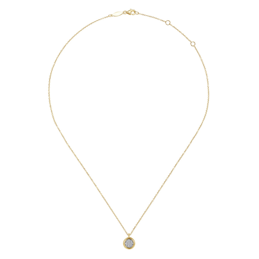 14K Yellow-White Gold Round Pavé Diamond Cluster Pendant Necklace with Bezel Frame