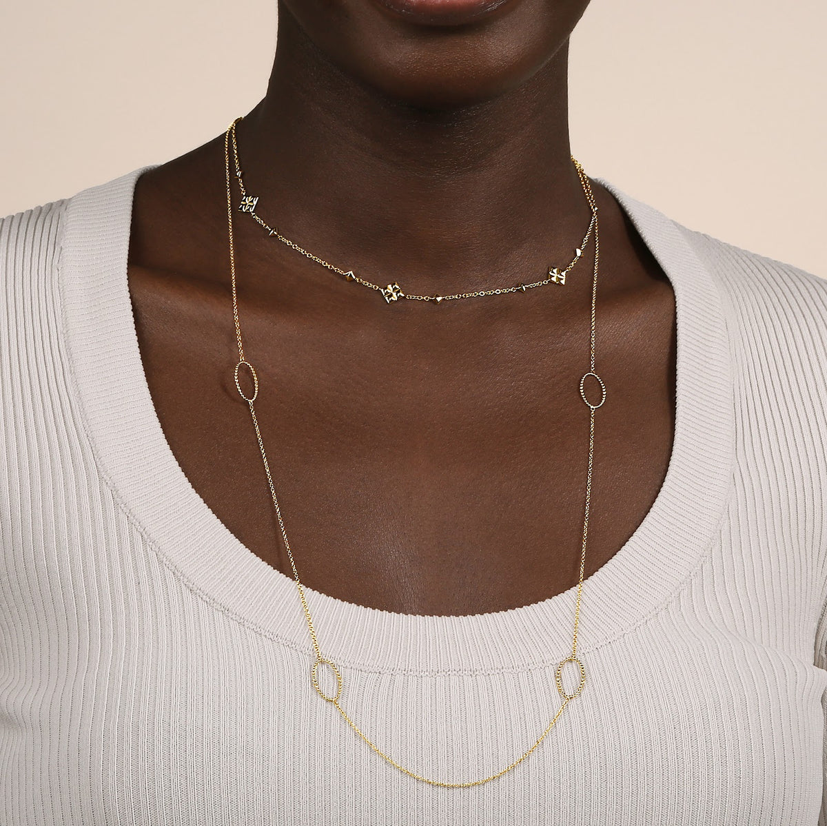 28 inch 14K Yellow Gold Beaded Oval Station Necklace - View 4