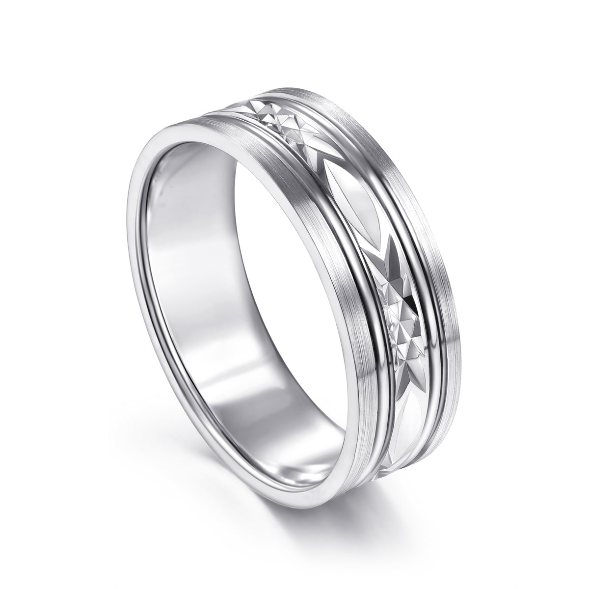 14K White Gold 7mm Diamond Cut Center Men's Wedding Band in Satin Finish - View 3