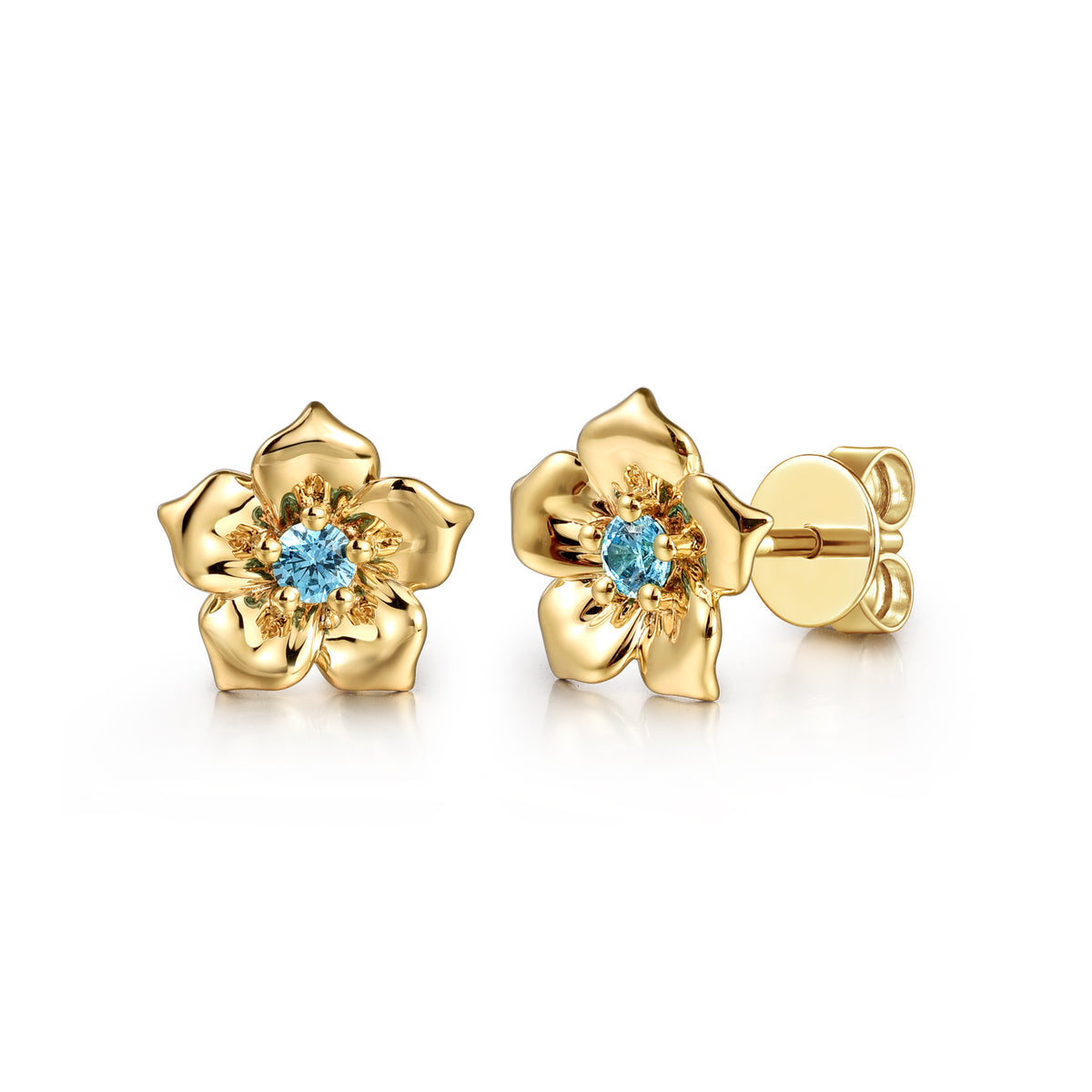 14K Yellow Gold Blue Topaz Floral Stud Earrings - View 1