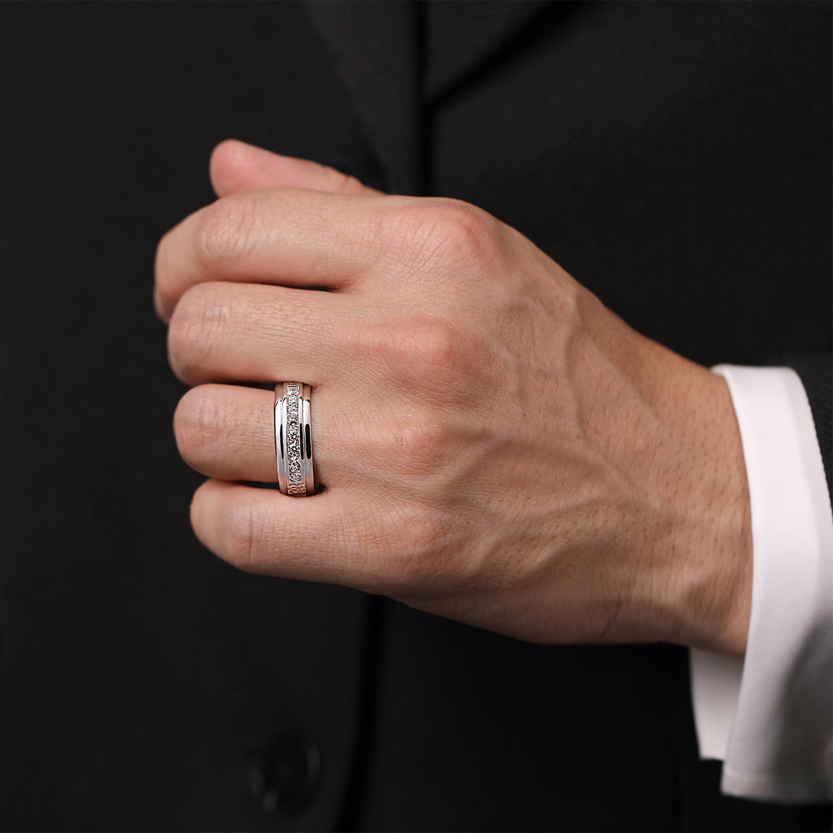 14K White Gold Diamond Men's Wedding Ring in Sand Blast Finish - View 5
