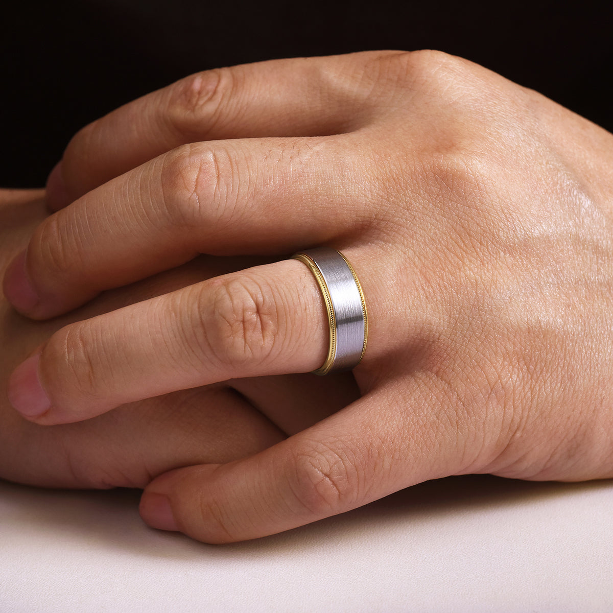 14K White-Yellow Gold 8mm Two Tone Beveled Edge Men's Wedding Band in Satin Finish - View 5