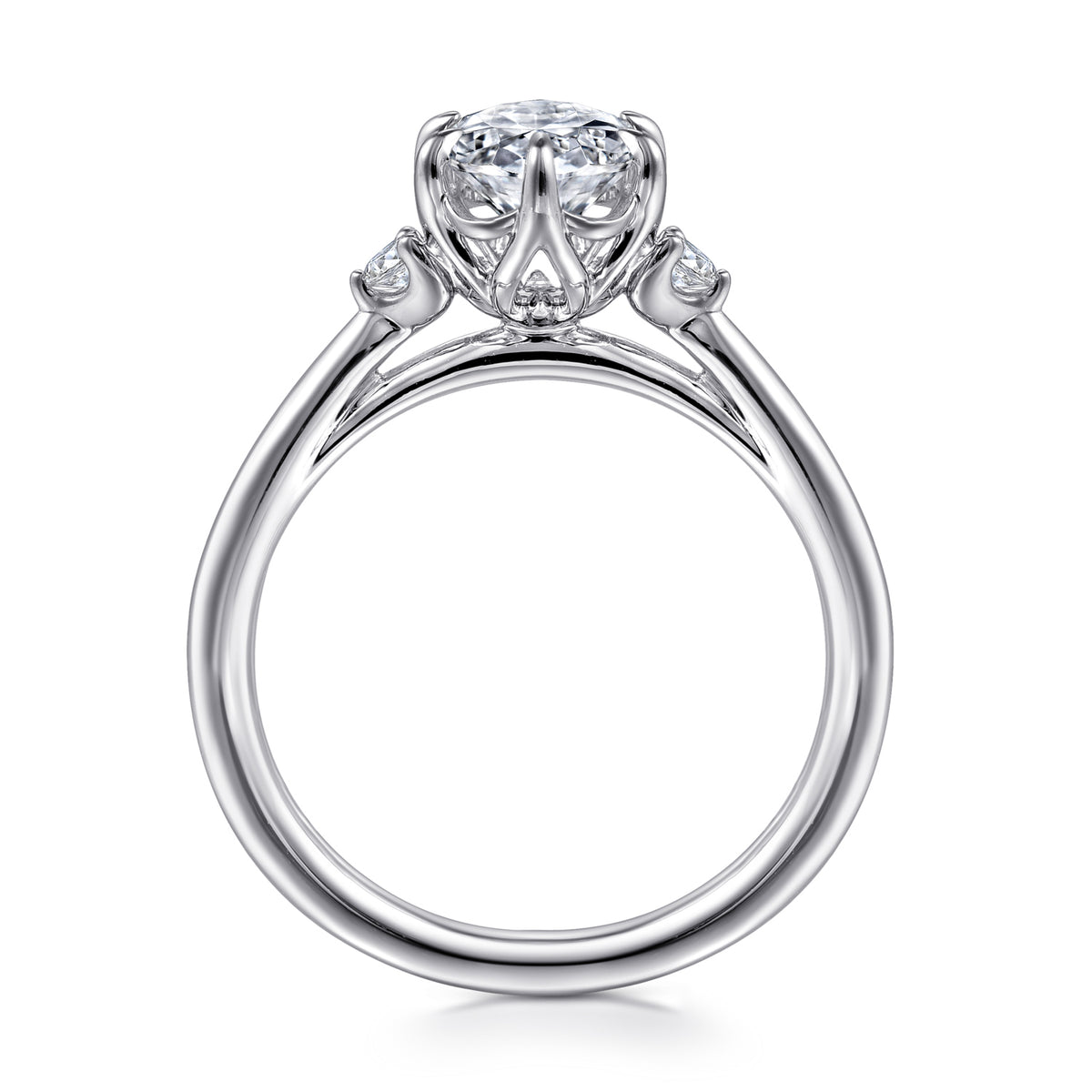 14K Gold 6 Prong Oval Three Stone Diamond Engagement Ring - View 2