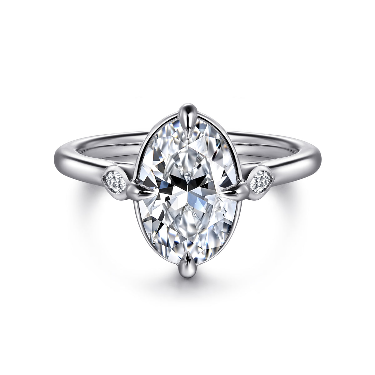 14K Gold Oval Three Stone Diamond Engagement Ring - View 1