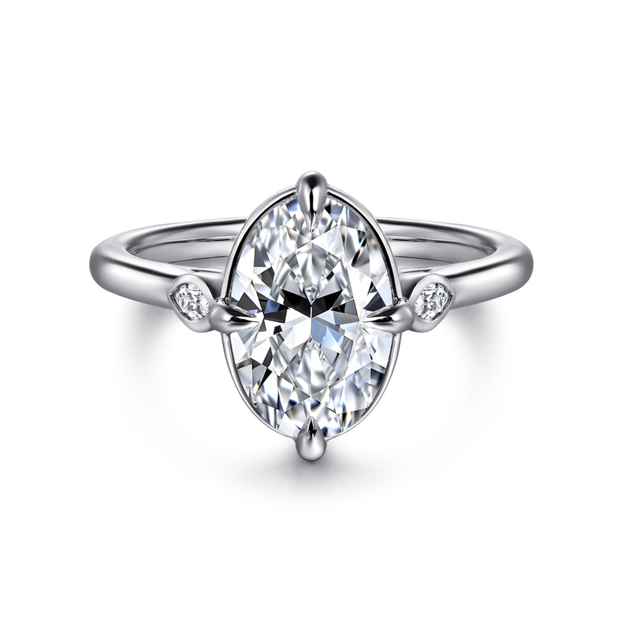 14K Gold Oval Three Stone Diamond Engagement Ring