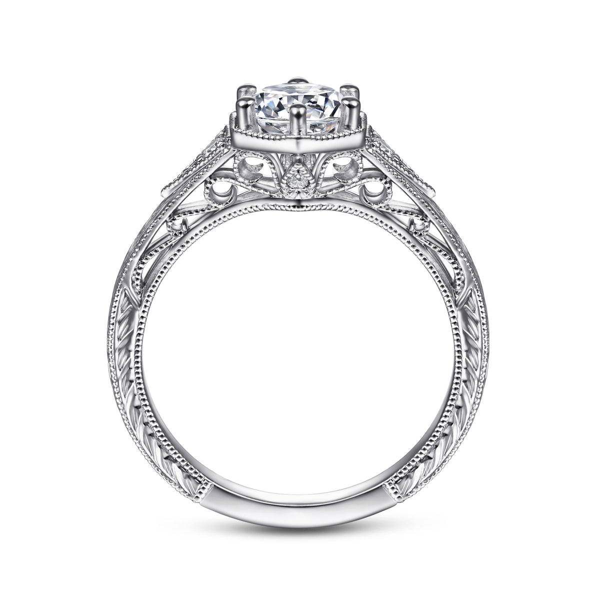 Vintage Inspired 14K Gold 6 Prong Round Diamond Engagement Ring - View 2