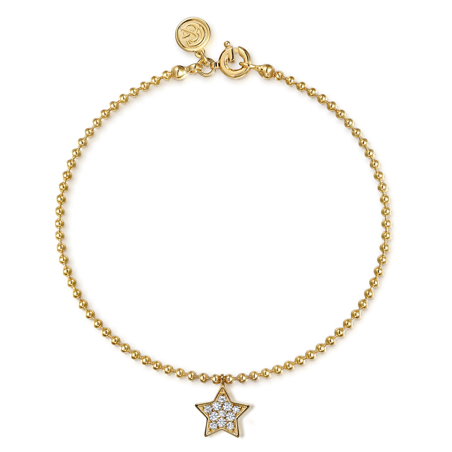 14K Yellow Gold Beaded and White Sapphire Star Charm Bracelet