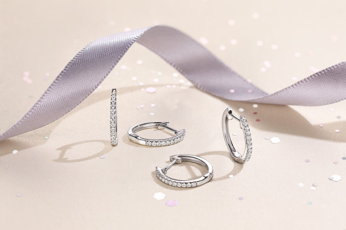 14K White Gold Diamond Huggie Earrings, 15mm - View 3