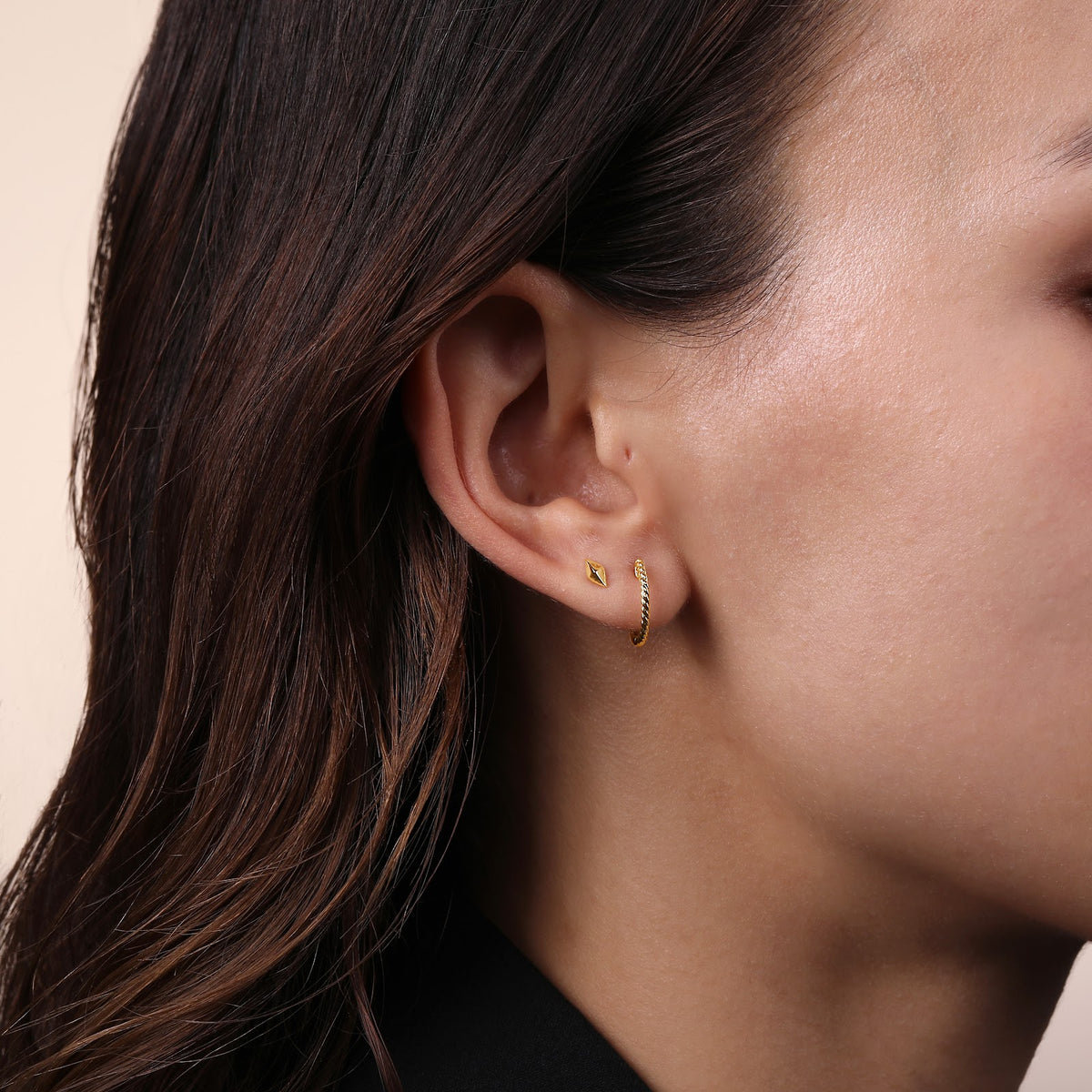 14K Yellow Gold Pyramid Stud Earrings - View 4