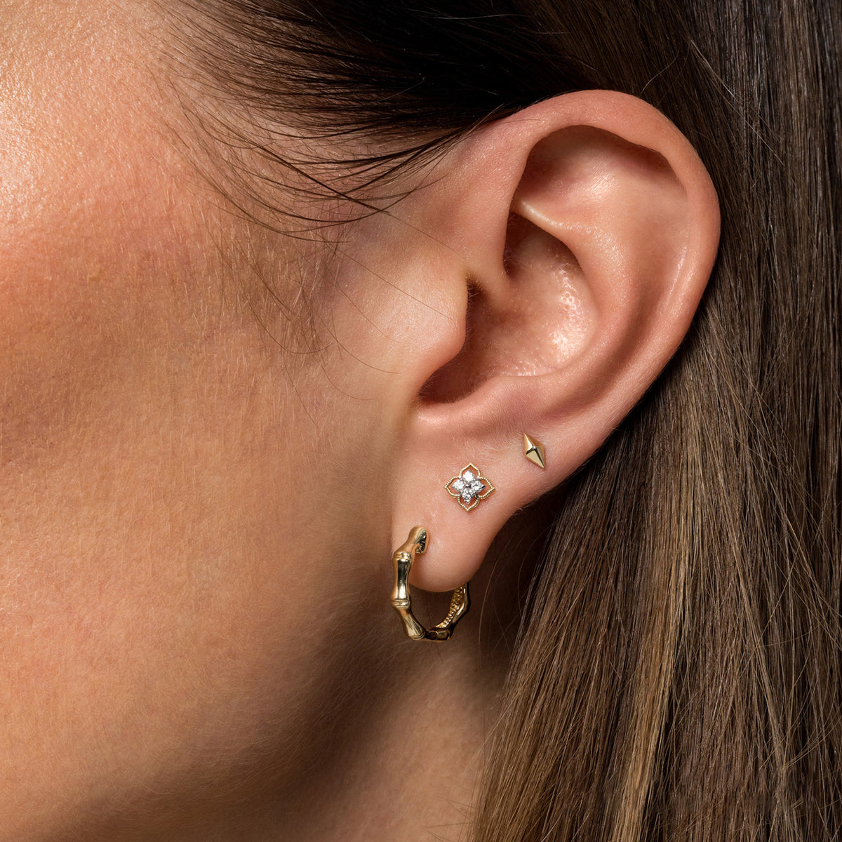 14K Yellow Gold Pyramid Stud Earrings - View 3
