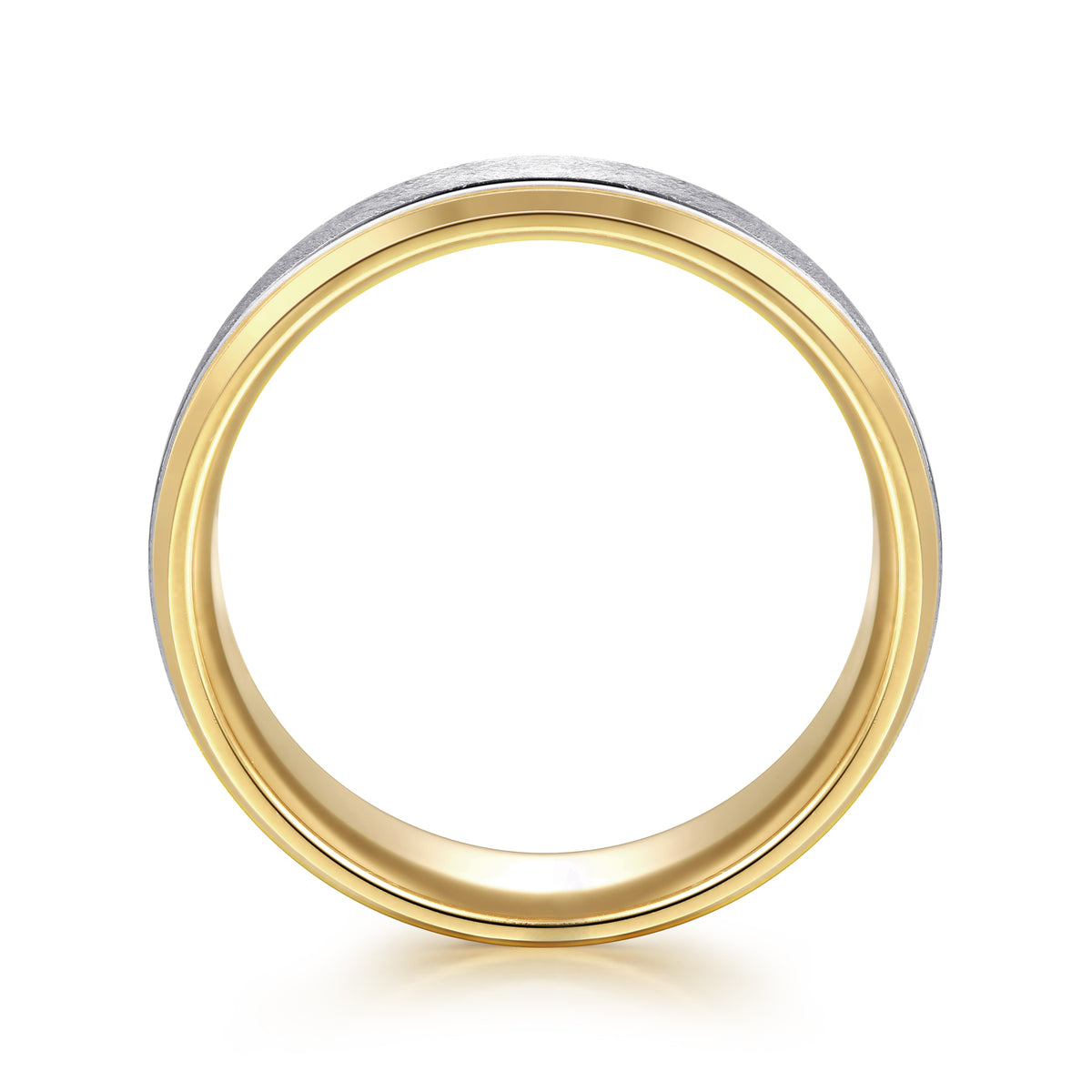 14K White-Yellow Gold 7mm Beveled Edge Men's Wedding Band in Diamond Scratch Finish - View 2