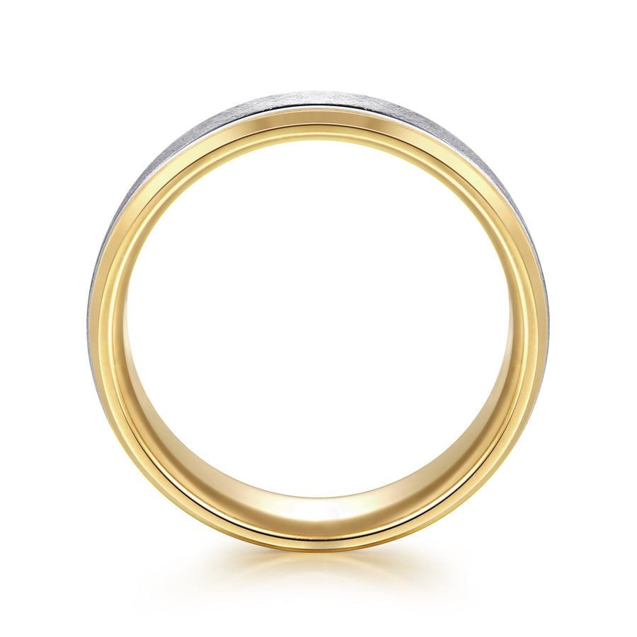 14K White-Yellow Gold 7mm Beveled Edge Men's Wedding Band in Diamond Scratch Finish