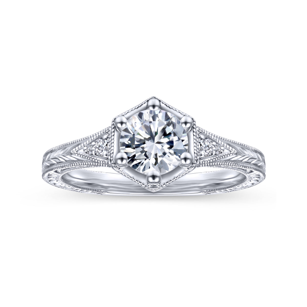 Vintage Inspired 14K Gold 6 Prong Round Diamond Engagement Ring - View 5