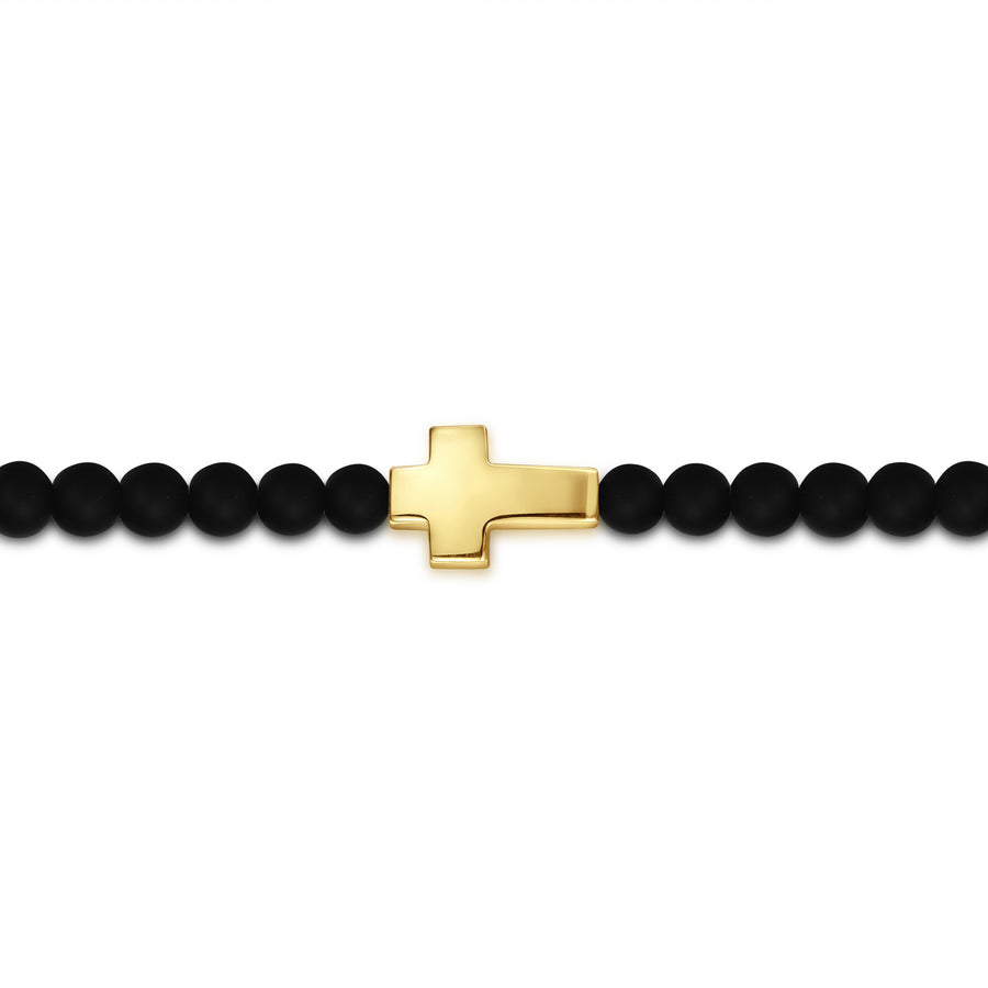 14K Yellow Gold Cross Bracelet with 4mm Matte Onyx Beads