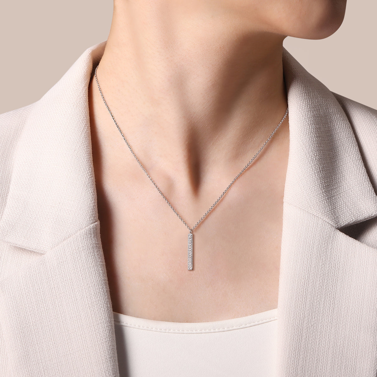 14K White Gold Diamond Bar Pendant Necklace - View 3