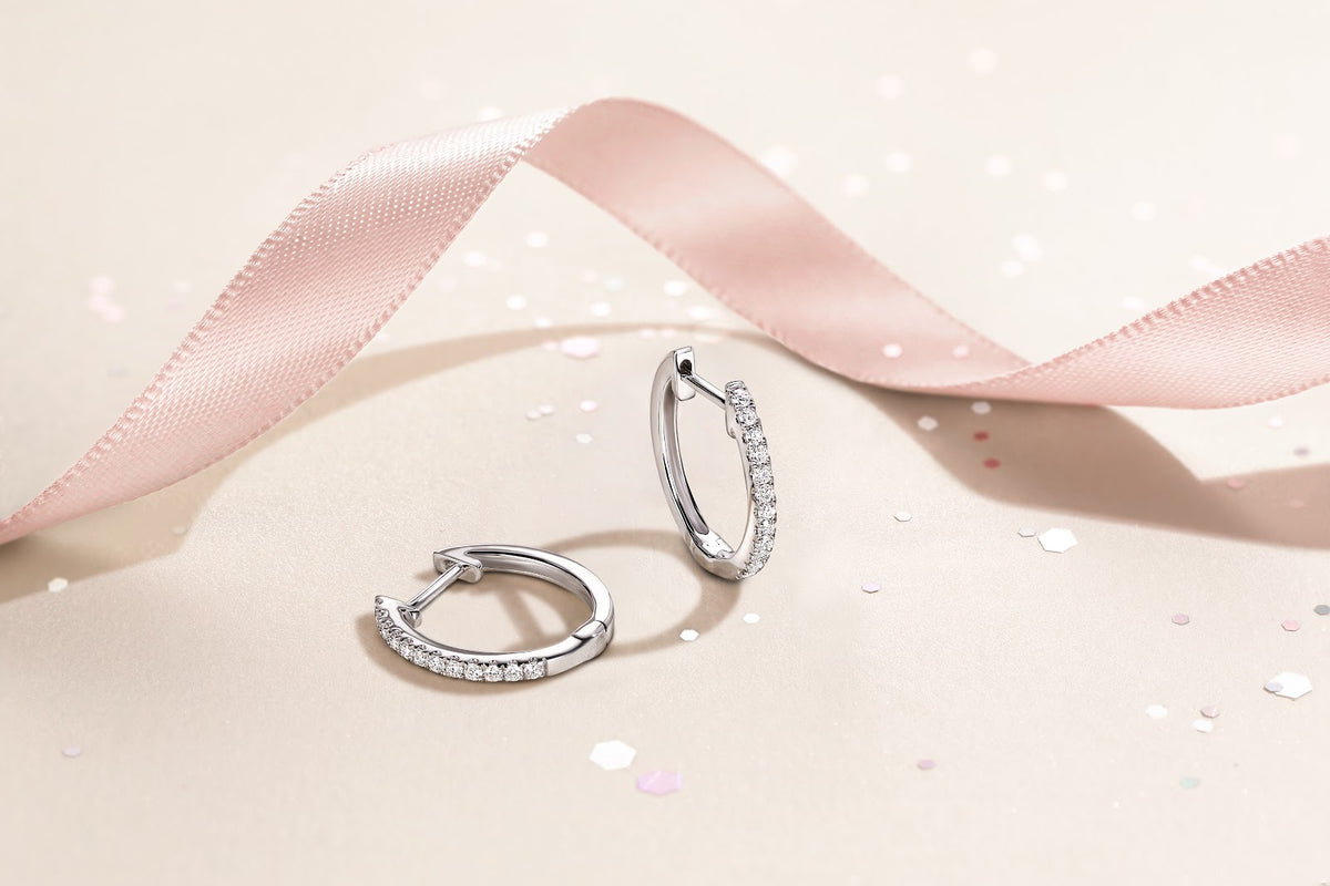 14K White Gold Diamond Huggie Earrings, 15mm - View 4