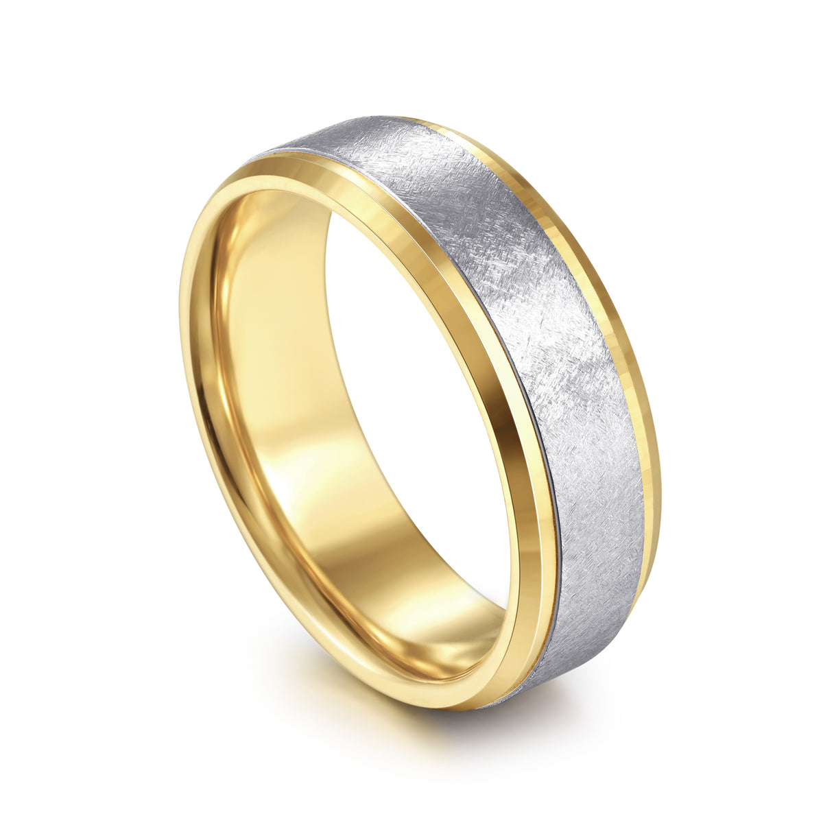 14K White-Yellow Gold 7mm Beveled Edge Men's Wedding Band in Diamond Scratch Finish - View 3