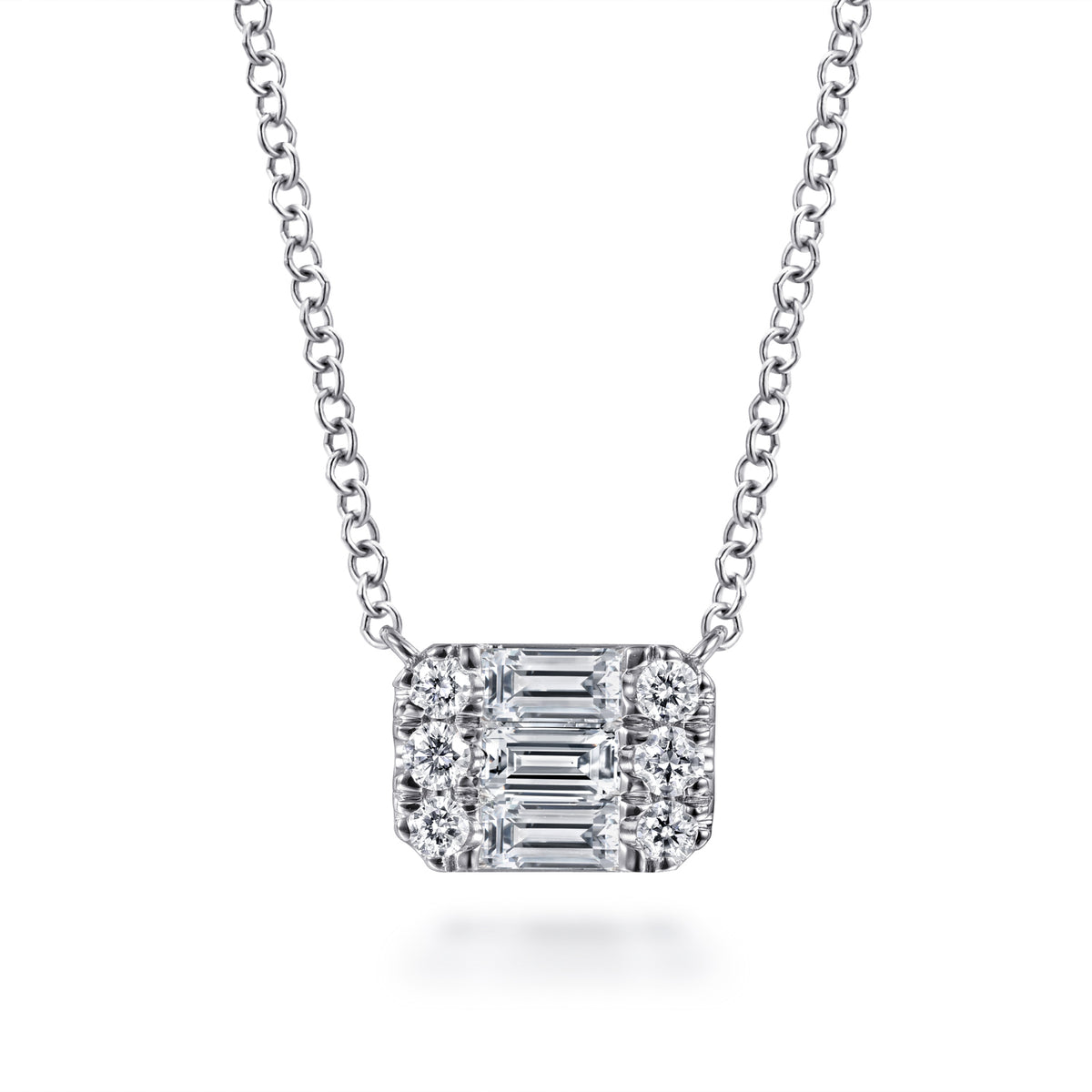14K White Gold Baguette and Round Rectangular Diamond Pendant Necklace - View 1