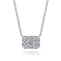 14K White Gold Baguette and Round Rectangular Diamond Pendant Necklace thumbnail 1