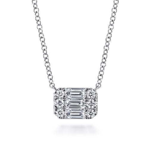 14K White Gold Baguette and Round Rectangular Diamond Pendant Necklace