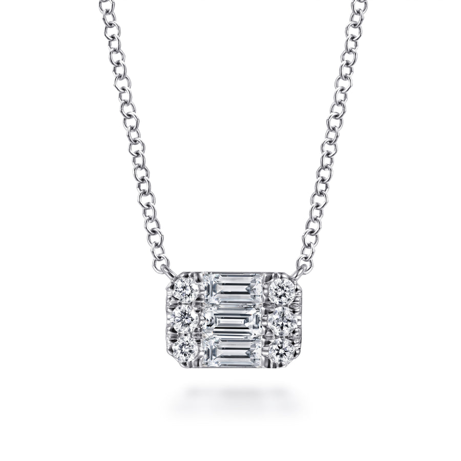 14K White Gold Baguette and Round Rectangular Diamond Pendant Necklace