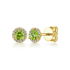 14K Yellow Gold Diamond and Peridot Halo Stud Earrings thumbnail 1