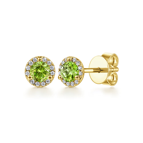 Boucles d'oreilles puces en or jaune 14 carats, diamant et halo de péridots