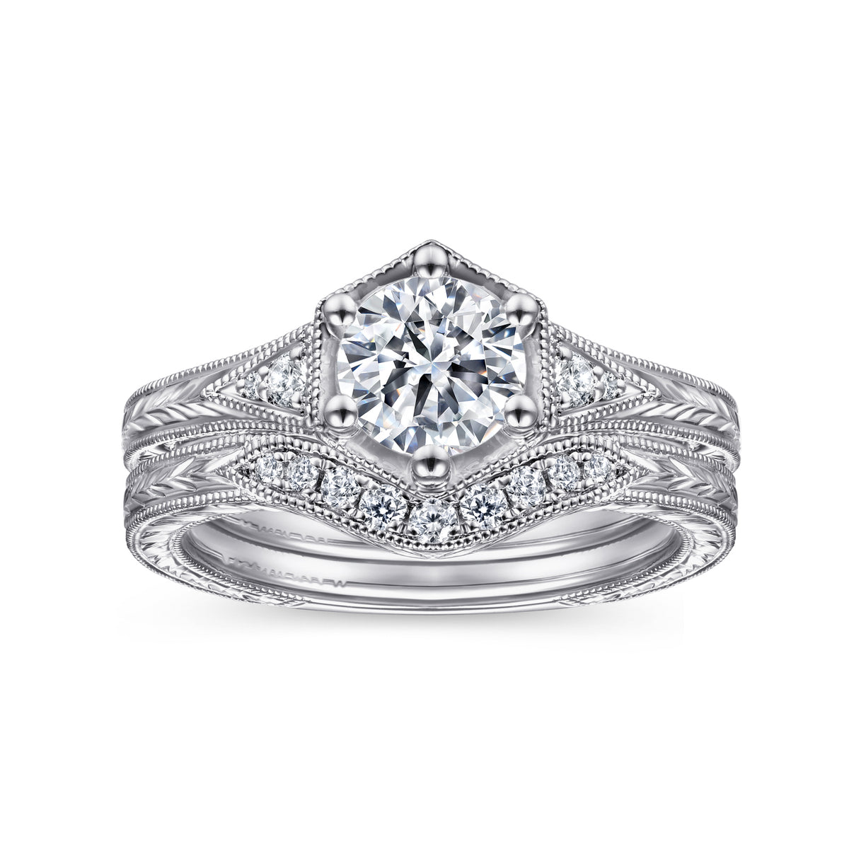 Vintage Inspired 14K Gold 6 Prong Round Diamond Engagement Ring - View 4