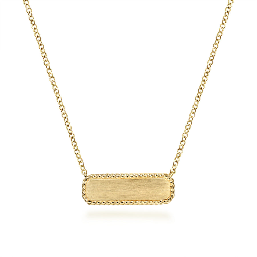 14K Yellow Gold Rectangular ID Pendant Necklace with Twisted Rope Frame