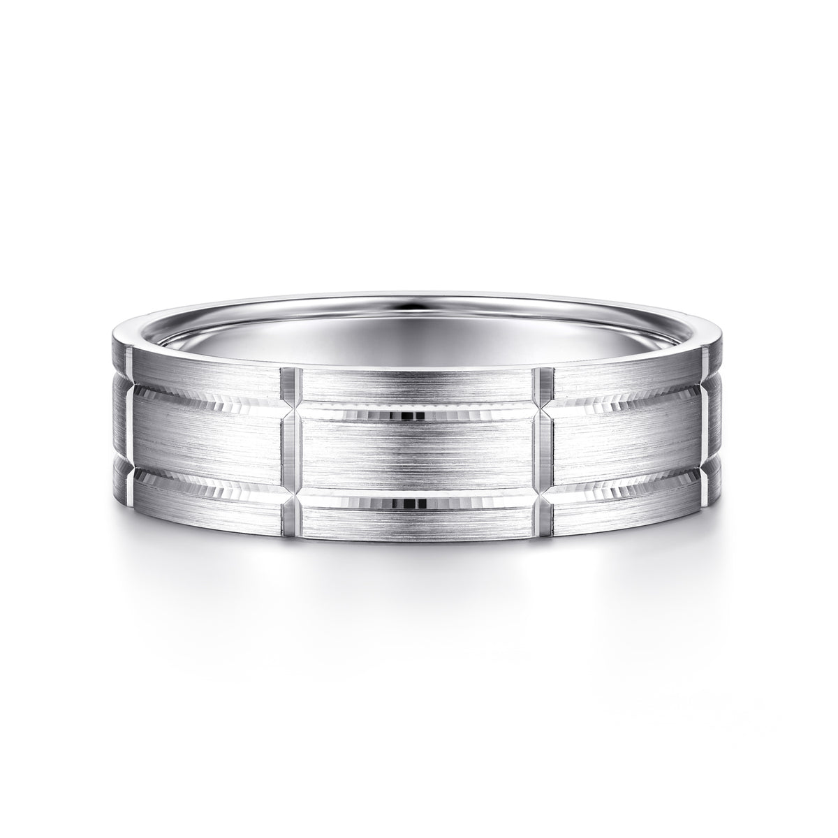 14K White Gold 6mm Checkerboard Pattern Men's Wedding Band in Satin Finish - View 1
