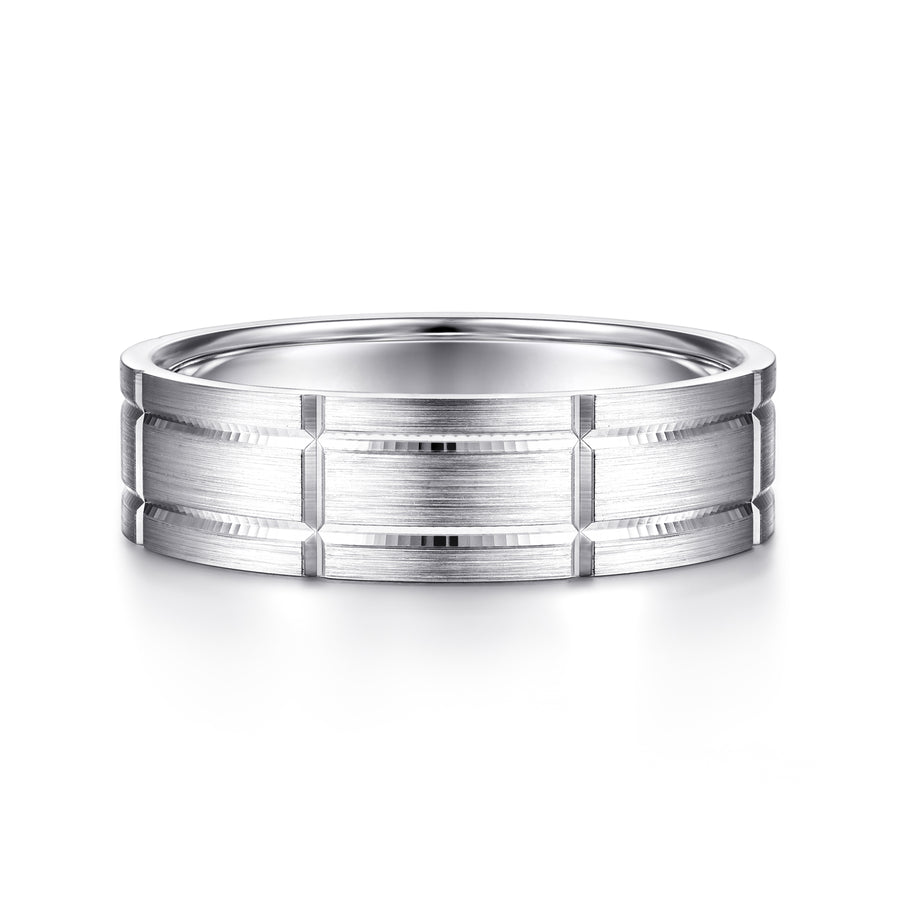 14K White Gold 6mm Checkerboard Pattern Men's Wedding Band in Satin Finish