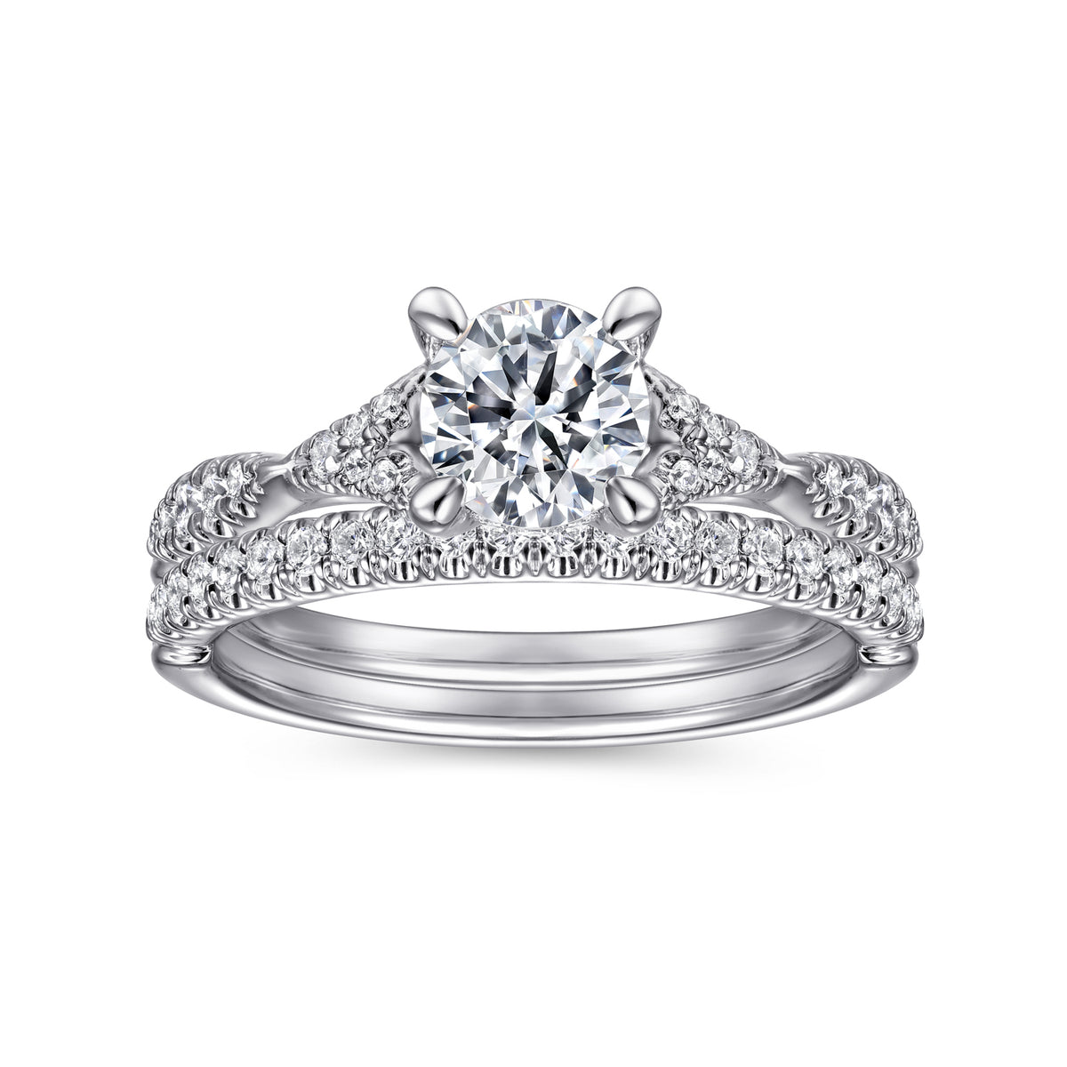 14K White Gold Split Shank Round Diamond Engagement Ring - View 4
